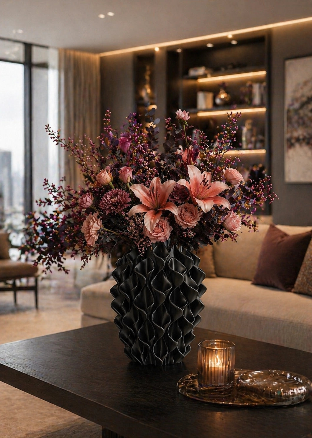 Sereni Matte Black design vaas als luxe woondecoratie